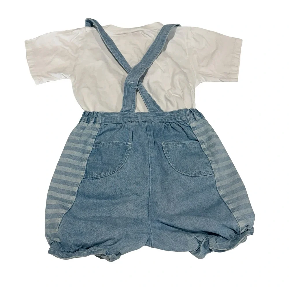Vintage Popside Kids Denim Overall Shorts Set White Heart T-Shirt 2pc 90s Cotton